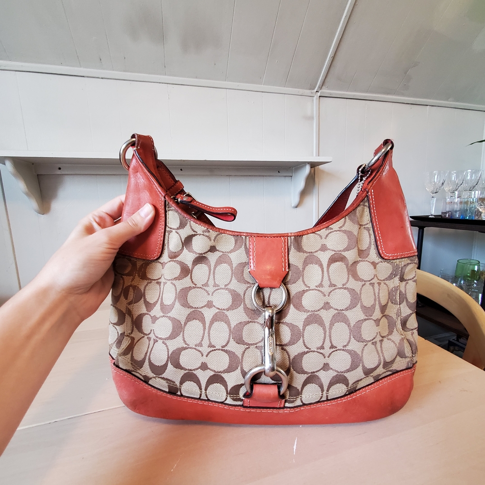 Coach Red and Tan Signature Shoulder Bag